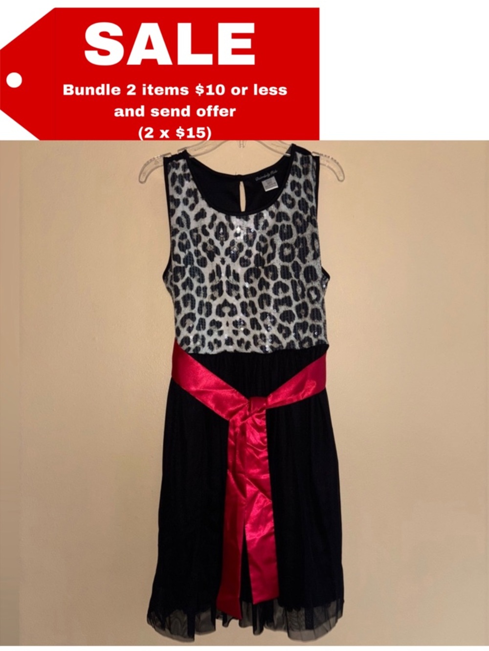 Disorderly Kids Girl’s Cheetah Dress with Red Bow - L 14.5-16.5 plus